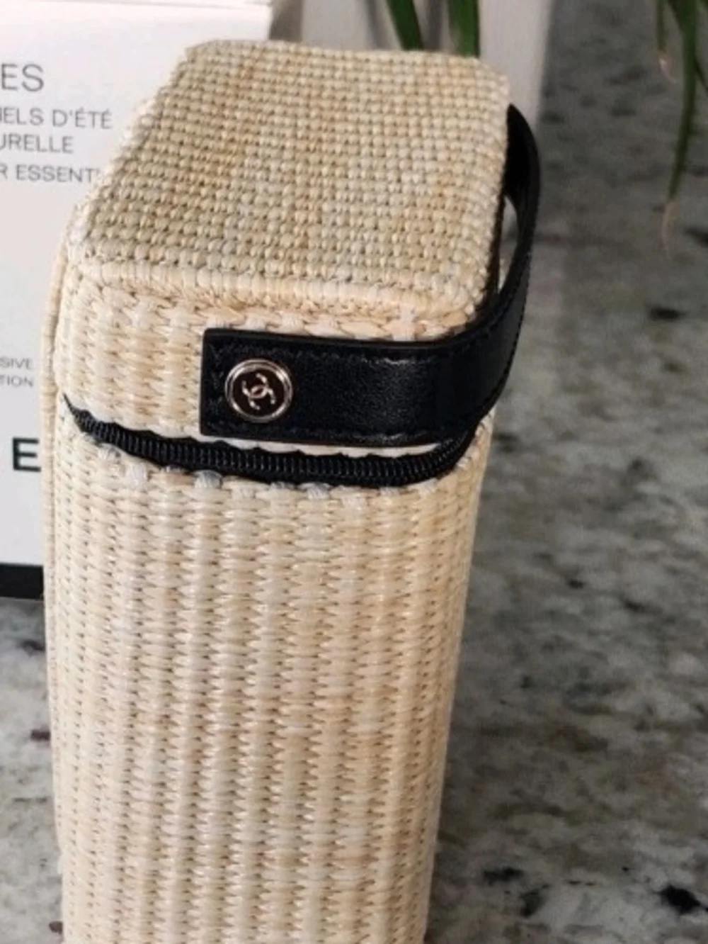 CHANEL Beauté Beige Woven Cosmetic Case with Black Trim and Logo - New!